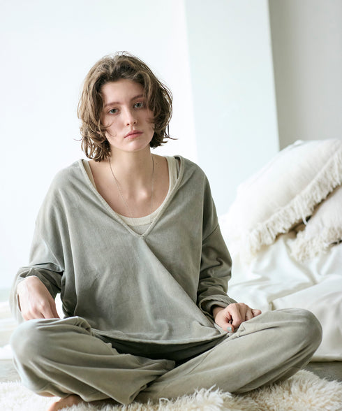 cotton velour deep v-neck top