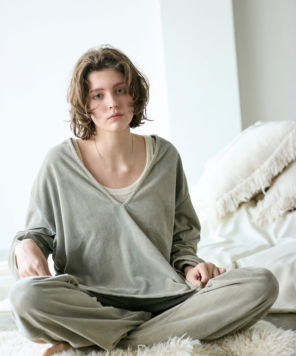 cotton velour deep v-neck top