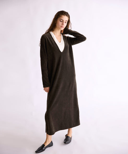 【coming soon】COTTON VELOUR DEEP V-NECK DRESS