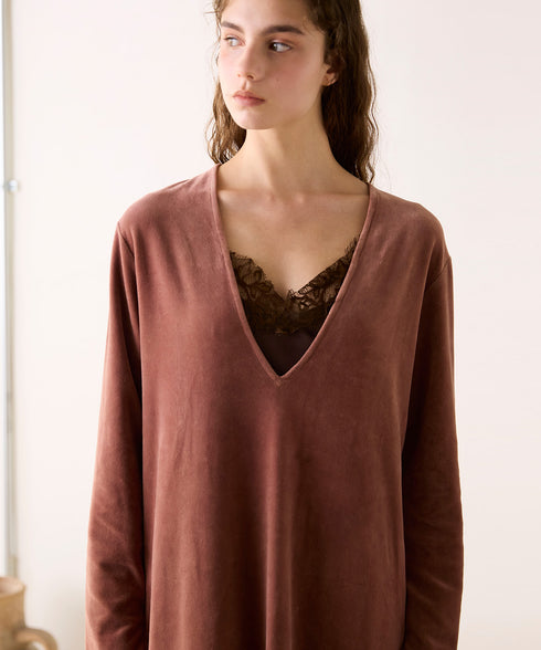 【coming soon】COTTON VELOUR DEEP V-NECK DRESS