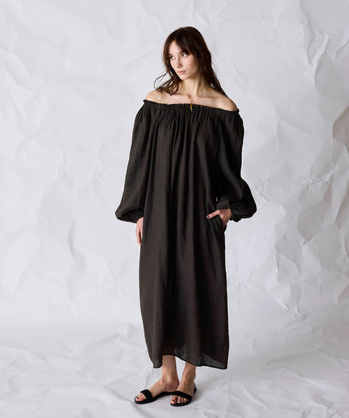 natural dye linen balloon sleeve dress