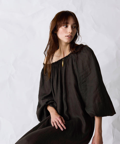 natural dye linen balloon sleeve dress