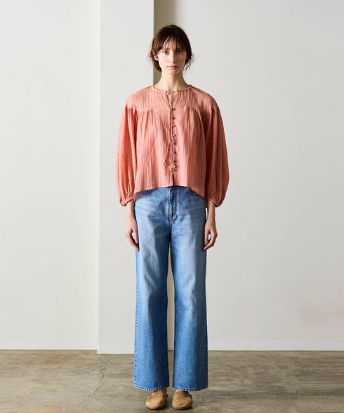 natural dye sheer cotton check gather blouse