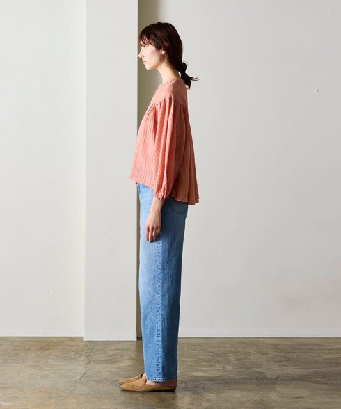 natural dye sheer cotton check gather blouse