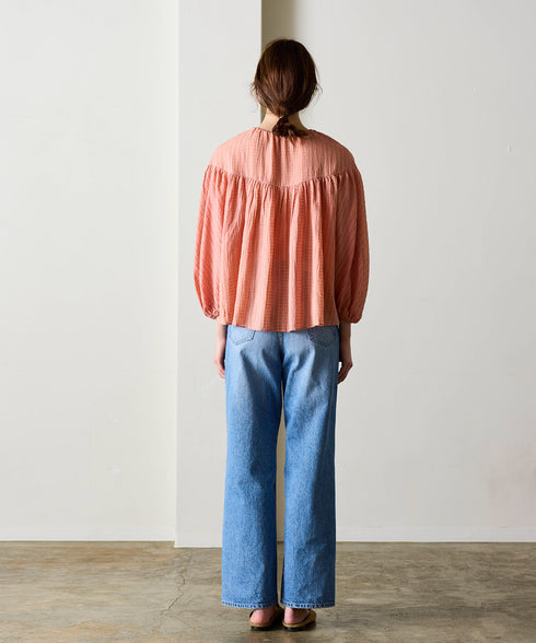 natural dye sheer cotton check gather blouse