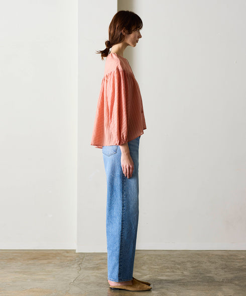 natural dye sheer cotton check gather blouse