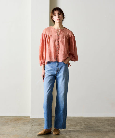 natural dye sheer cotton check gather blouse