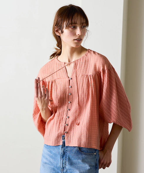 natural dye sheer cotton check gather blouse