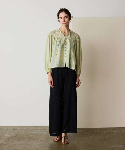 natural dye sheer cotton check gather blouse
