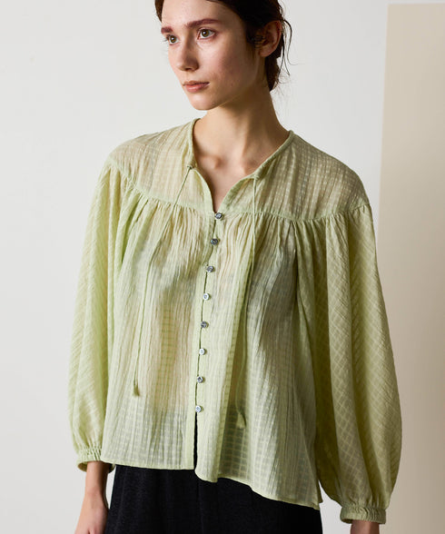 natural dye sheer cotton check gather blouse