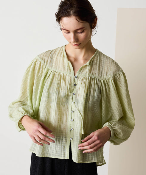 natural dye sheer cotton check gather blouse