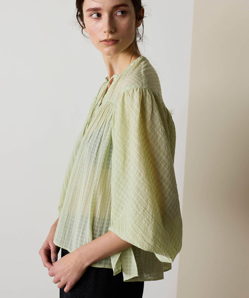 natural dye sheer cotton check gather blouse