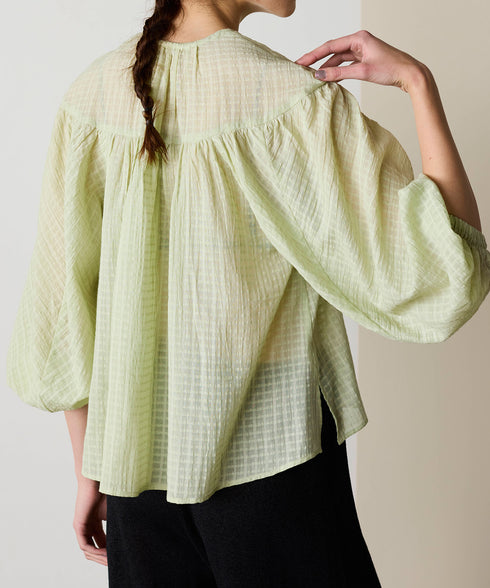 natural dye sheer cotton check gather blouse