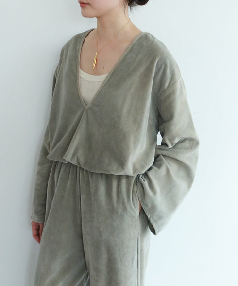 cotton velour deep v-neck top
