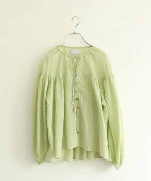 natural dye sheer cotton check gather blouse