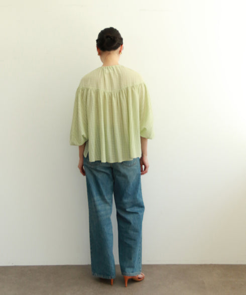 natural dye sheer cotton check gather blouse