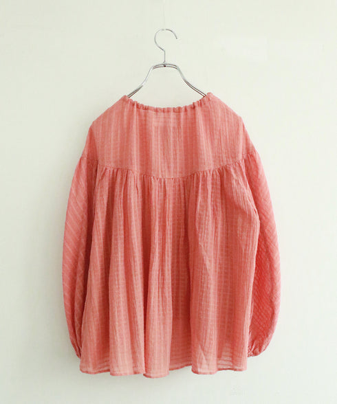 natural dye sheer cotton check gather blouse