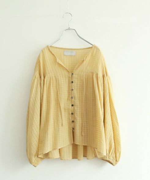 natural dye sheer cotton check gather blouse